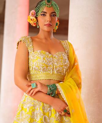 Yellow Embroidered Silk Lehenga Set 2