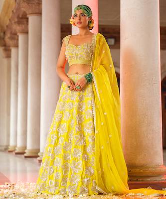 Yellow Embroidered Silk Lehenga Set 3