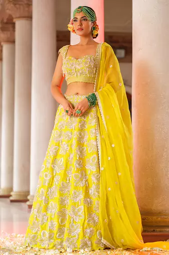 Yellow Embroidered Silk Lehenga Set