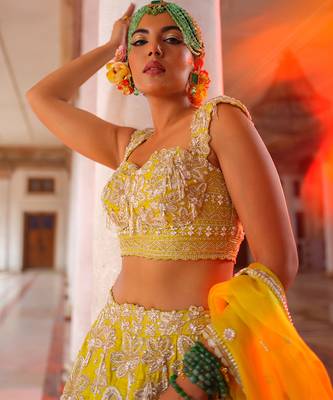 Yellow Embroidered Silk Lehenga Set 4