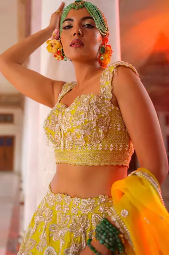 Yellow Embroidered Silk Lehenga Set