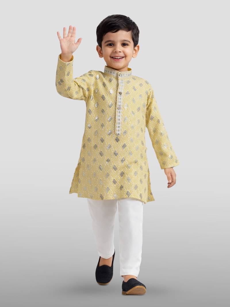 kids yellow festive kurta set with embroidery for haldi & weddings