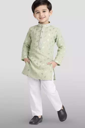 boys mint green embroidered kurta set for weddings & festive