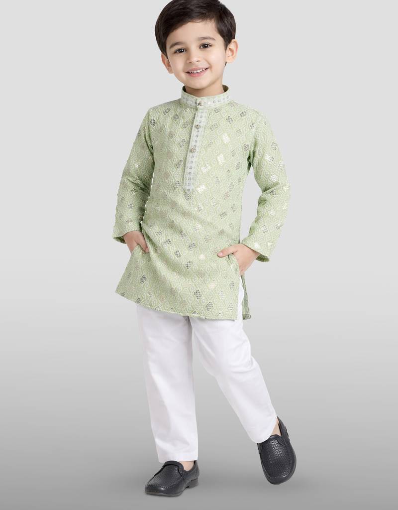 boys mint green embroidered kurta set for weddings & festive