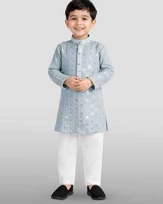 boys grey embroidered kurta set for weddings & festive 1
