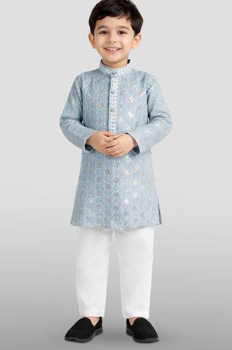 boys grey embroidered kurta set for weddings & festive