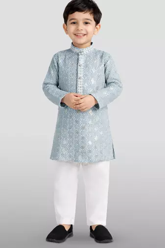 boys grey embroidered kurta set for weddings & festive