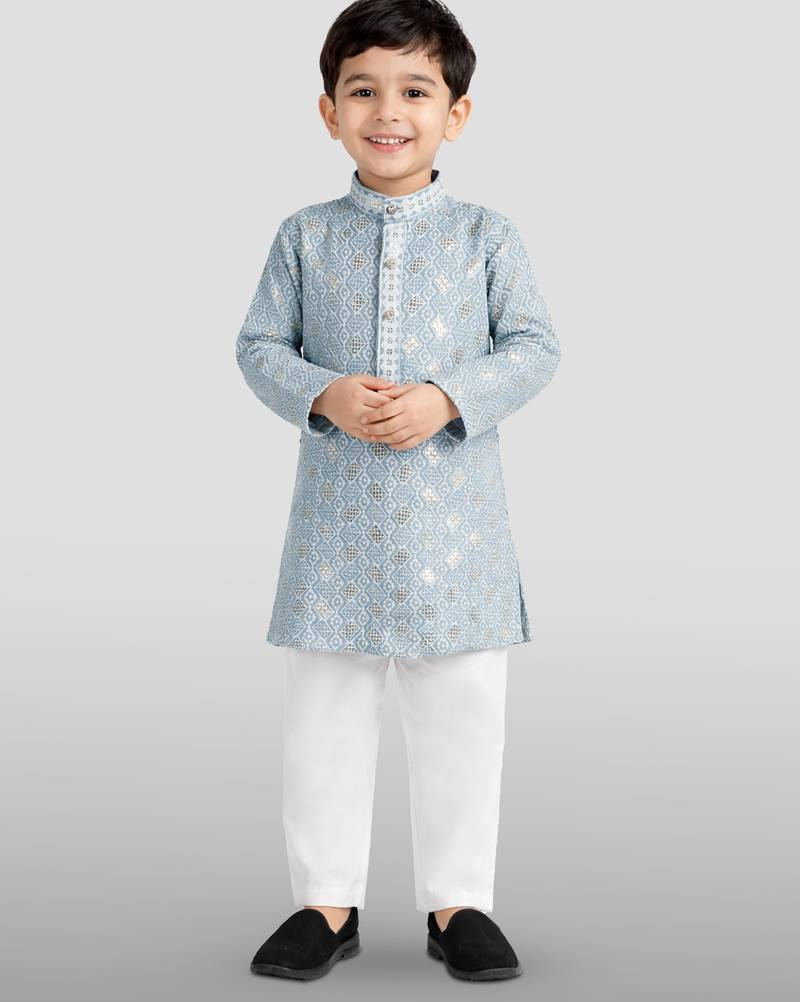 boys grey embroidered kurta set for weddings & festive
