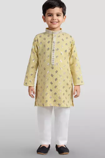 kids yellow festive kurta set with embroidery for haldi & weddings