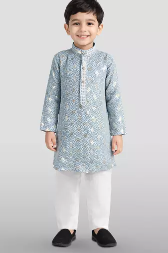boys grey embroidered kurta set for weddings & festive