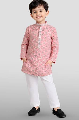 boys pink embroidered kurta set for weddings & festive