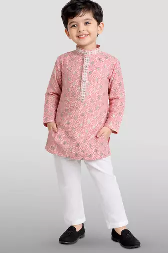boys pink embroidered kurta set for weddings & festive