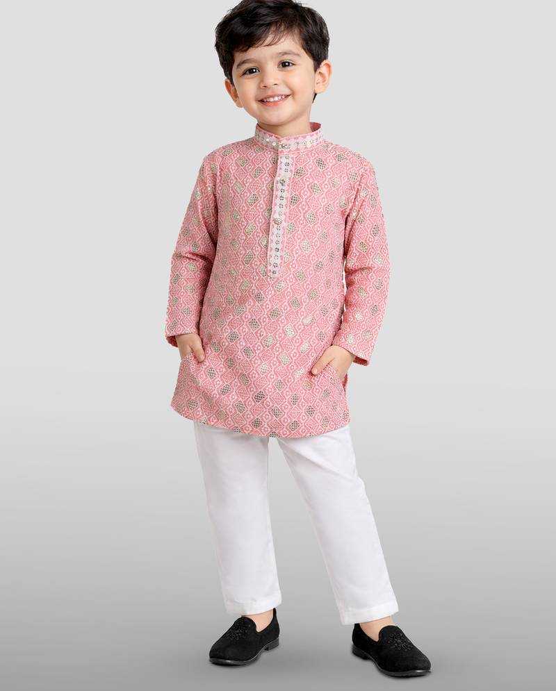 boys pink embroidered kurta set for weddings & festive