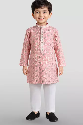 boys pink embroidered kurta set for weddings & festive