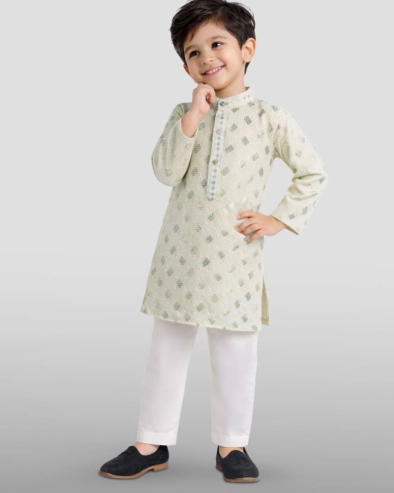 boys off white embroidered kurta set for weddings & festive