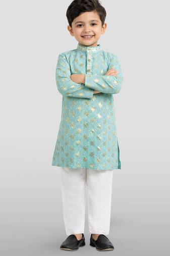boys sky blue embroidered kurta set for weddings & festive