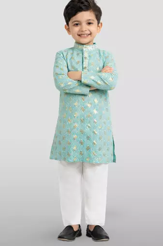 boys sky blue embroidered kurta set for weddings & festive