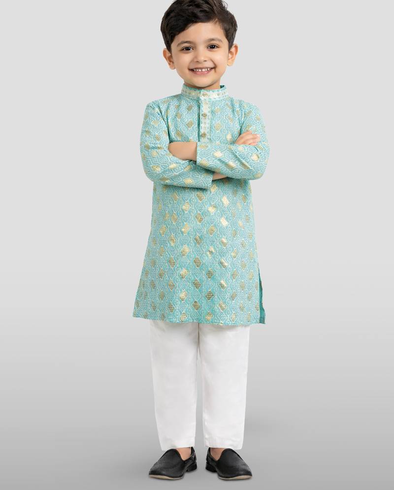 boys sky blue embroidered kurta set for weddings & festive