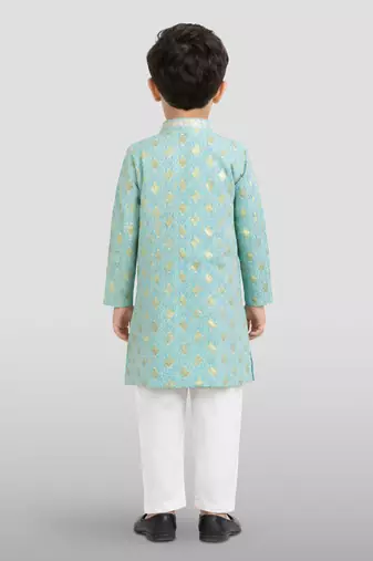 boys sky blue embroidered kurta set for weddings & festive