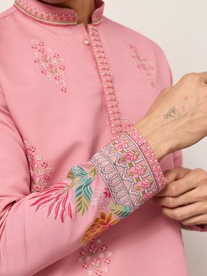 pink viscose silk floral embroidered kurta pajama set for men 8
