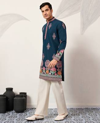 teal blue viscose silk floral embroidered kurta pajama set for men 8