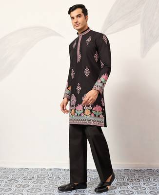 black viscose silk floral embroidered kurta pajama set for men 8