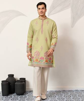 pista green viscose silk floral embroidered kurta pajama set for men 9