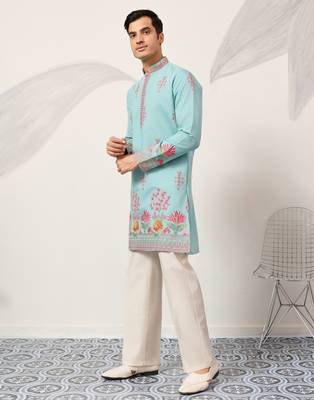 sky blue viscose silk floral embroidered kurta pajama set for men 9