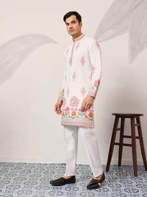 white viscose silk floral embroidered kurta pajama set for men 9