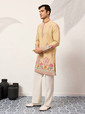 yellow viscose silk floral embroidered kurta pajama set for men 8