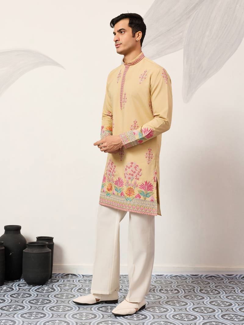 yellow viscose silk floral embroidered kurta pajama set for men
