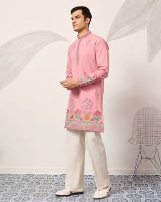 pink viscose silk floral embroidered kurta pajama set for men 9