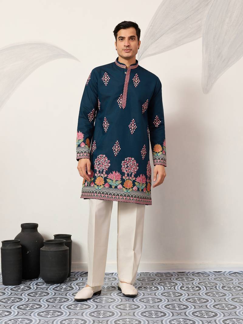 teal blue viscose silk floral embroidered kurta pajama set for men
