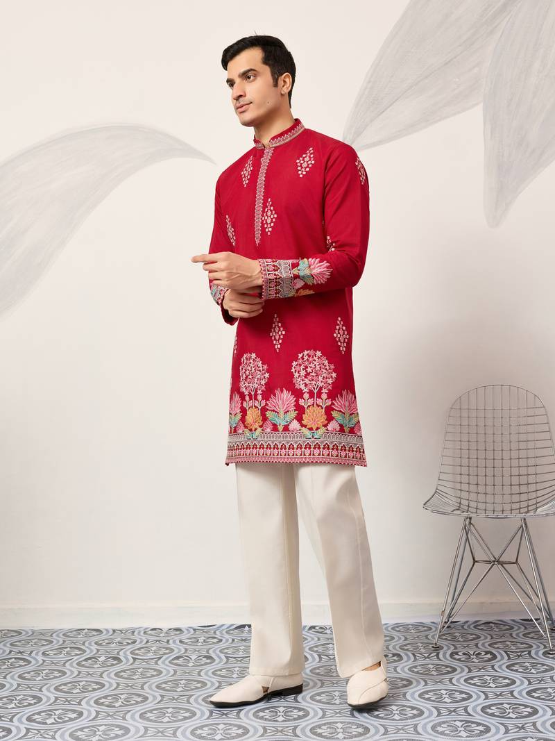 red viscose silk floral embroidered kurta pajama set for men