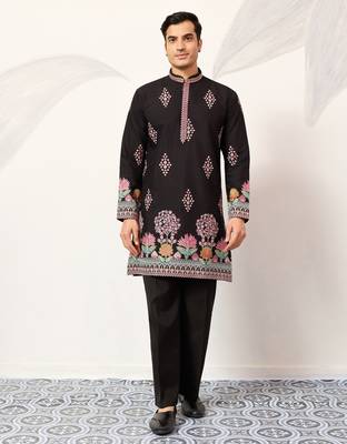 black viscose silk floral embroidered kurta pajama set for men 9