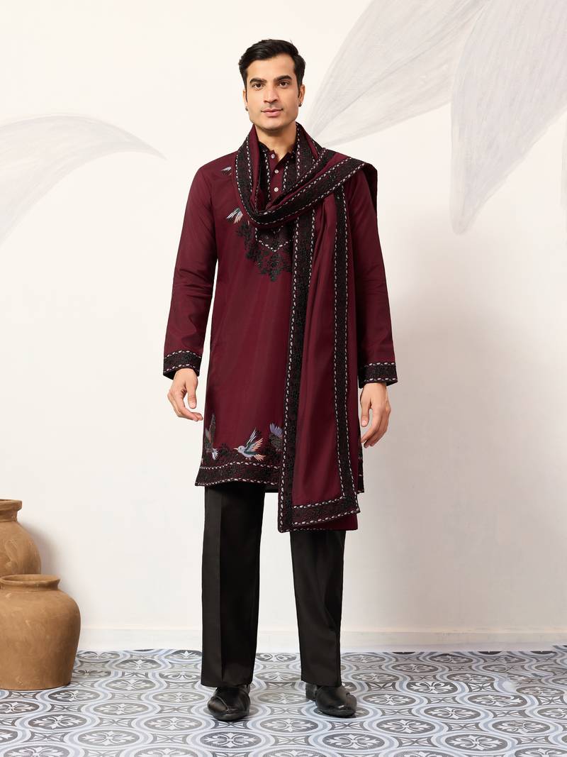 MAROON VISCOSE SILK THREAD & SEQUINS EMBROIDERED WORK FUNCTION FESTIVAL MARRIAGE PARTY WEAR STRAIGHT KURTA DUPATTA