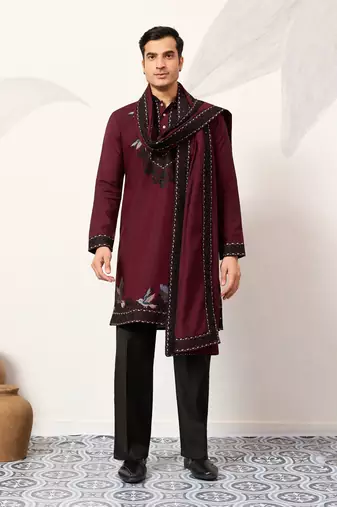 Maroon viscose silk thread & sequins embroidered work function festival marriage party wear straight kurta dupatta