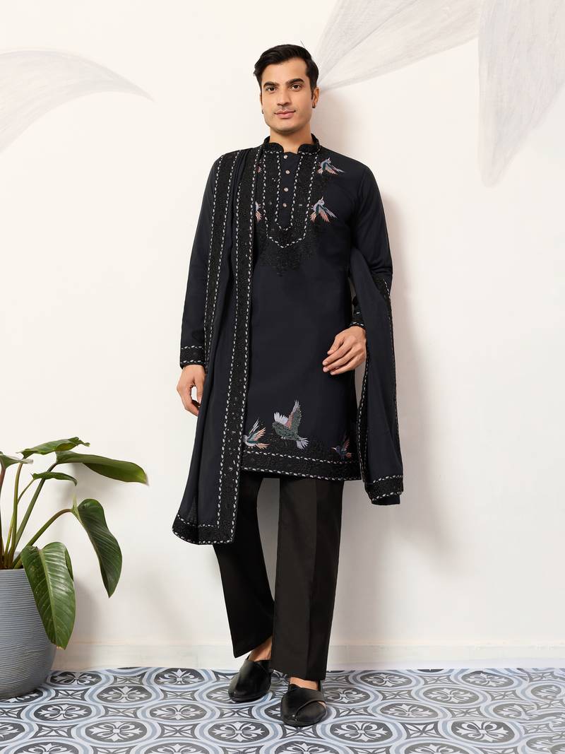 NAVY BLUE VISCOSE SILK THREAD & SEQUINS EMBROIDERED WORK FUNCTION FESTIVAL MARRIAGE PARTY WEAR STRAIGHT KURTA DUPATTA
