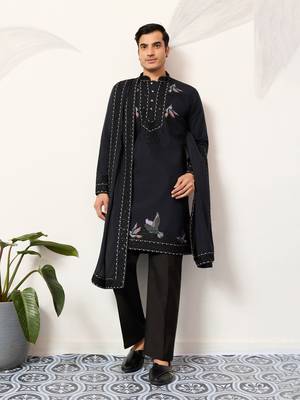NAVY BLUE VISCOSE SILK THREAD & SEQUINS EMBROIDERED WORK FUNCTION FESTIVAL MARRIAGE PARTY WEAR STRAIGHT KURTA DUPATTA 1
