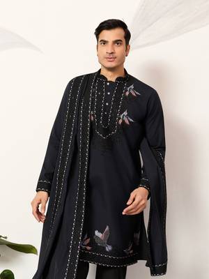 NAVY BLUE VISCOSE SILK THREAD & SEQUINS EMBROIDERED WORK FUNCTION FESTIVAL MARRIAGE PARTY WEAR STRAIGHT KURTA DUPATTA 3
