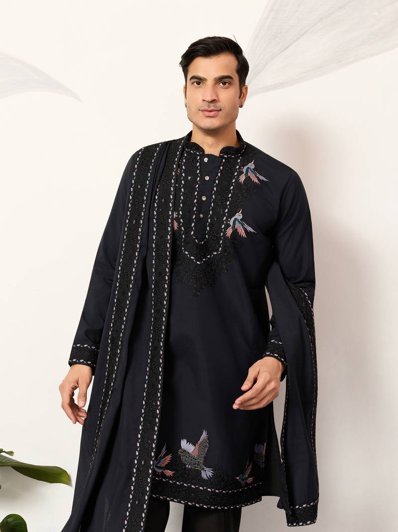 NAVY BLUE VISCOSE SILK THREAD & SEQUINS EMBROIDERED WORK FUNCTION FESTIVAL MARRIAGE PARTY WEAR STRAIGHT KURTA DUPATTA