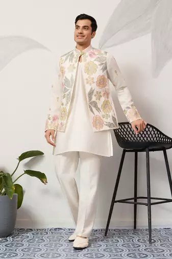 White satin silk thead with sequins embroidered work wedding function festival party wear straight kurta pant koti