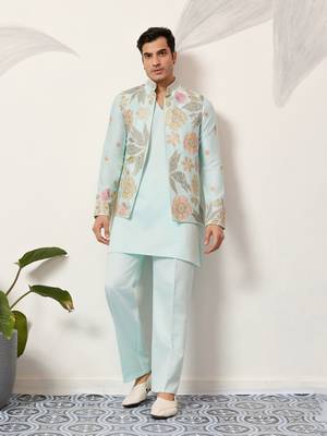 PISTA GREEN SATIN SILK THEAD WITH SEQUINS EMBROIDERED WORK WEDDING FUNCTION FESTIVAL PARTY WEAR STRAIGHT KURTA PANT KOTI 1