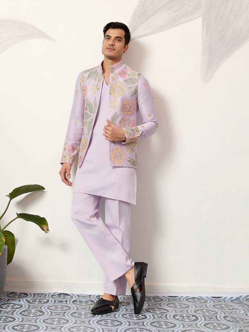 LAVENDER SATIN SILK THEAD WITH SEQUINS EMBROIDERED WORK WEDDING FUNCTION FESTIVAL PARTY WEAR STRAIGHT KURTA PANT KOTI