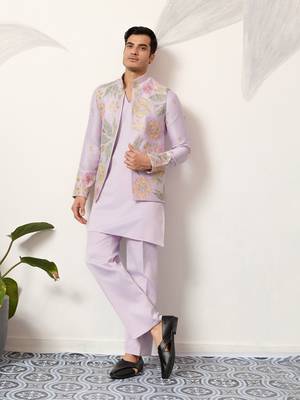 LAVENDER SATIN SILK THEAD WITH SEQUINS EMBROIDERED WORK WEDDING FUNCTION FESTIVAL PARTY WEAR STRAIGHT KURTA PANT KOTI 1
