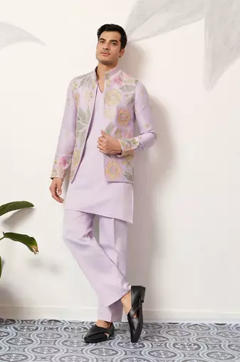 Lavender satin silk thead with sequins embroidered work wedding function festival party wear straight kurta pant koti