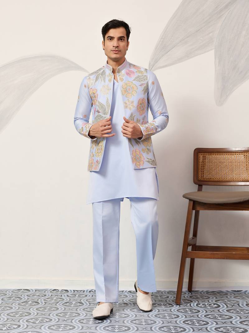 SKY BLUE SATIN SILK THEAD WITH SEQUINS EMBROIDERED WORK WEDDING FUNCTION FESTIVAL PARTY WEAR STRAIGHT KURTA PANT KOTI