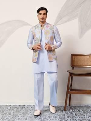 SKY BLUE SATIN SILK THEAD WITH SEQUINS EMBROIDERED WORK WEDDING FUNCTION FESTIVAL PARTY WEAR STRAIGHT KURTA PANT KOTI 1
