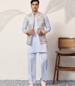 SKY BLUE SATIN SILK THEAD WITH SEQUINS EMBROIDERED WORK WEDDING FUNCTION FESTIVAL PARTY WEAR STRAIGHT KURTA PANT KOTI