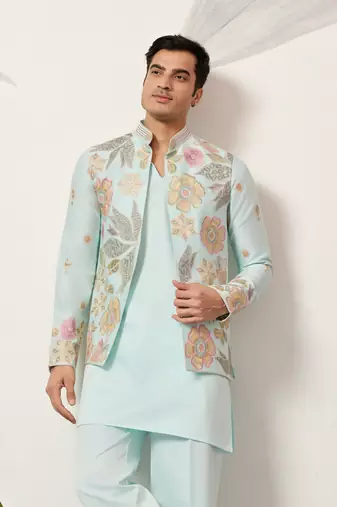 PISTA GREEN SATIN SILK THEAD WITH SEQUINS EMBROIDERED WORK WEDDING FUNCTION FESTIVAL PARTY WEAR STRAIGHT KURTA PANT KOTI